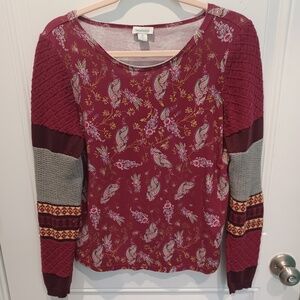 SUNDANCE UNIQUE BOHO MULTI-TEXTURED & PATTERNED BURGUNDY PAISLEY COTTON TOP!